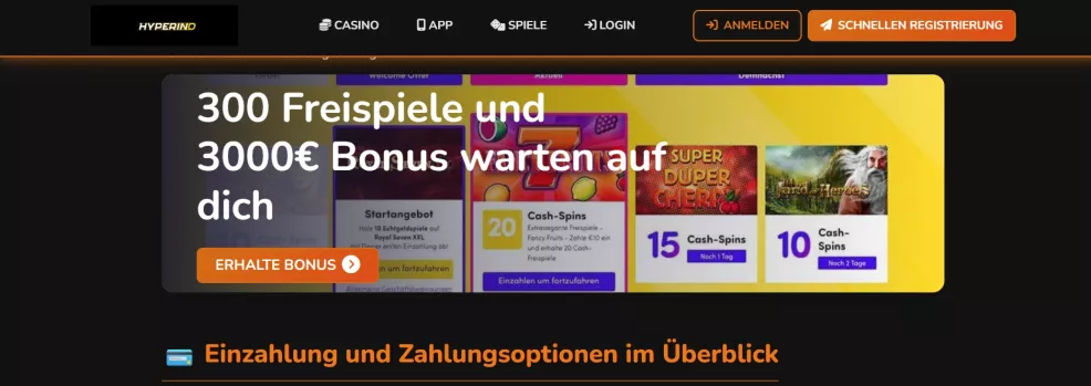 Hyperino Casino Bonus bis zu 300 € plus 150 Freispiele